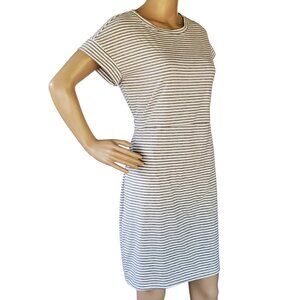 Fashion Sheath Dress Gray & White Striped Soft Casual T Shirt Tie Back Pockets